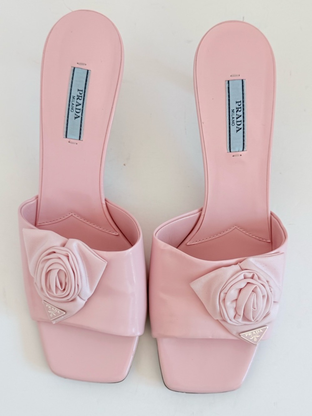 Prada Pink Rosette Triangle logo Square Toe slide Mule kitten Heels EU 39 US 9 - Picture 2 of 13